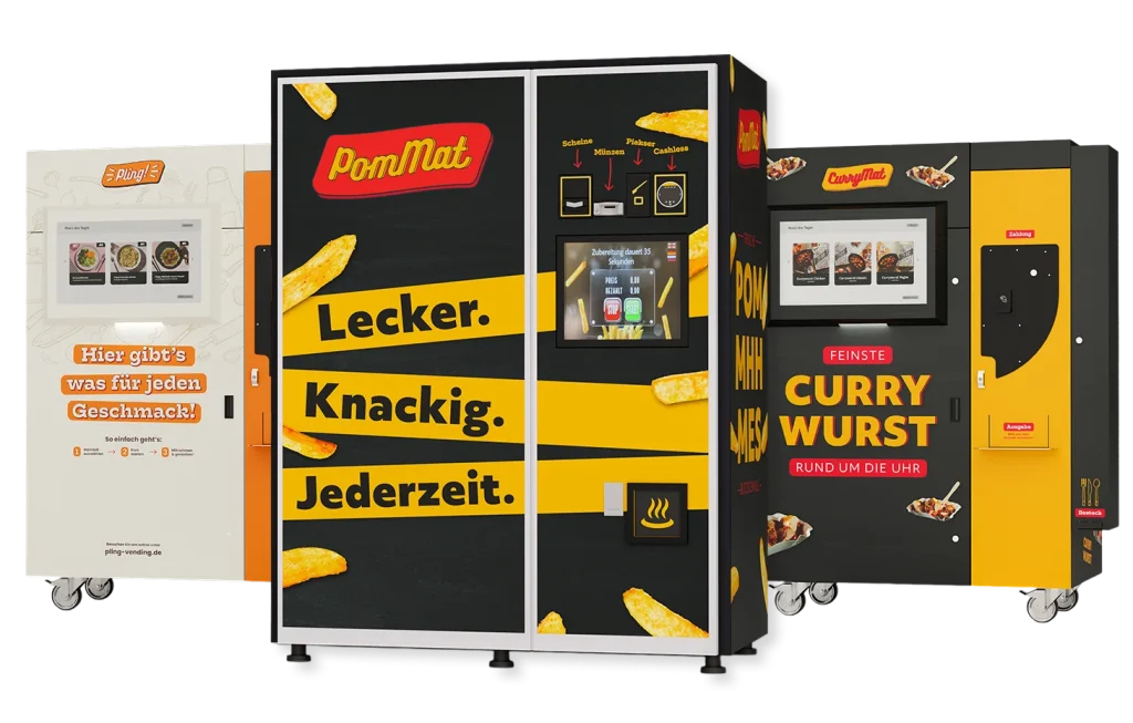 Darstellung der Automaten Pommat, Pling! und Currymat, bei denen es sich um Marken der Automatic Food Solutions GmbH handelt.